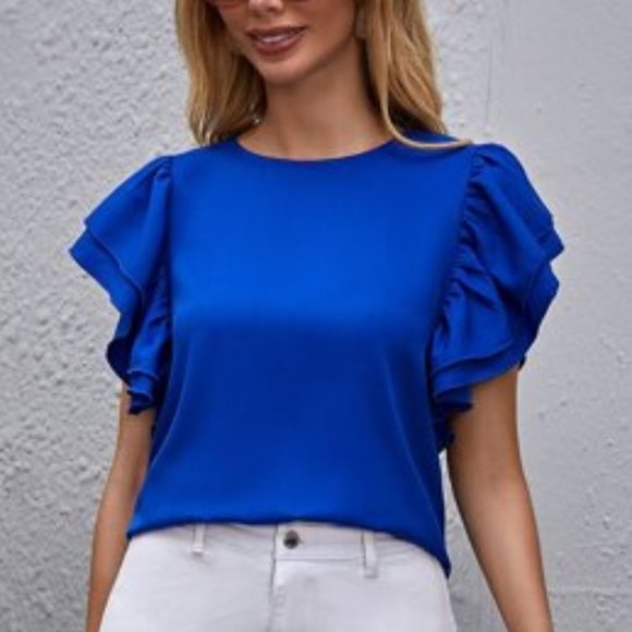 Tops - ROYAL BLUE Butterfly Ruffle Sleeve Blouse Minimali
